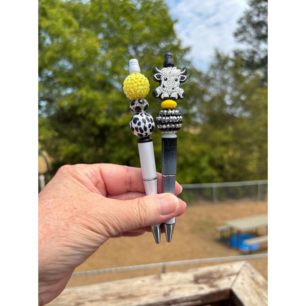 Handmade Beaded Pens Set Cow Print Silicone Focal Bead Yellow Black White 2pc